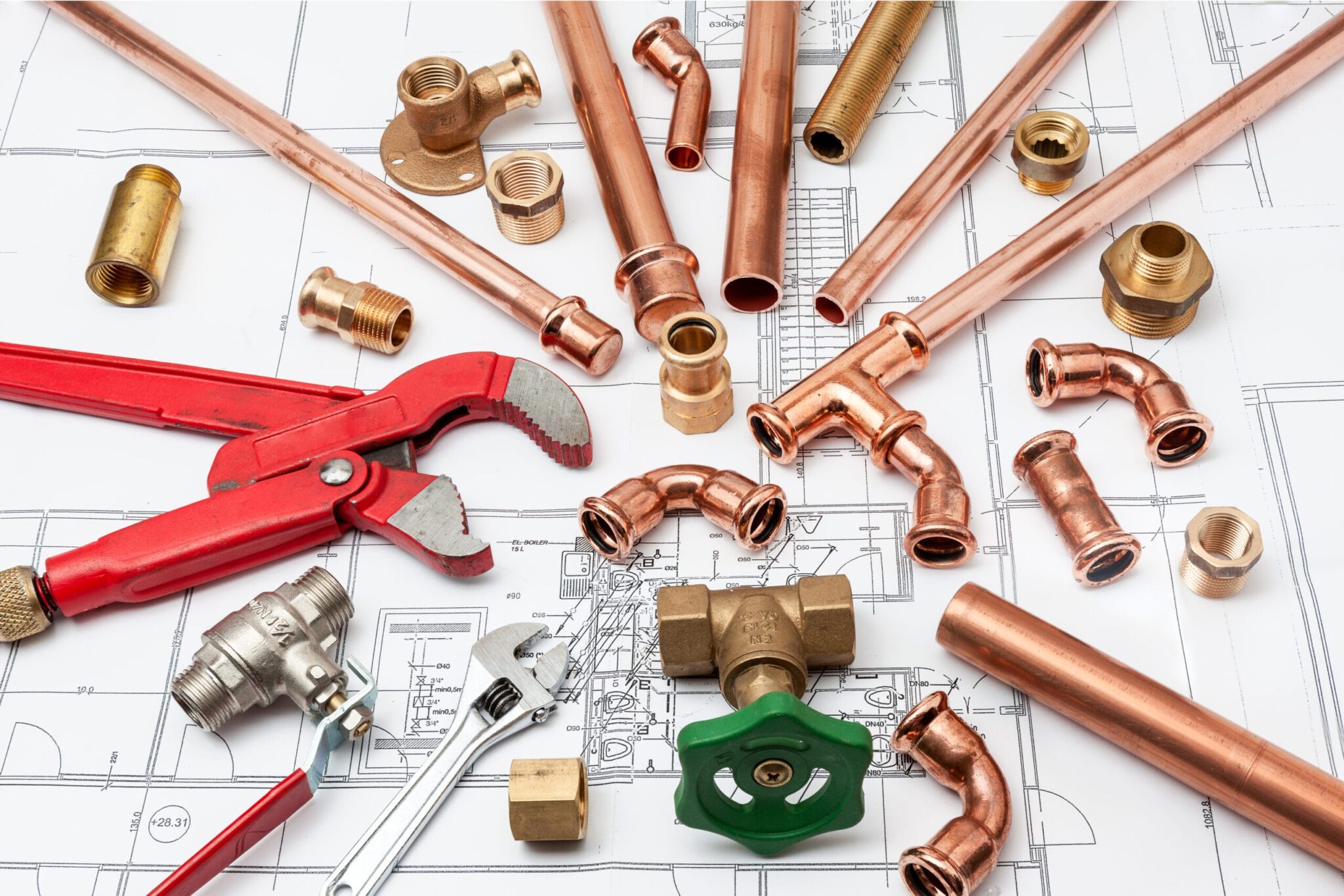 Copper pipes, fittings, valves, and plumbing tools in Davenport
