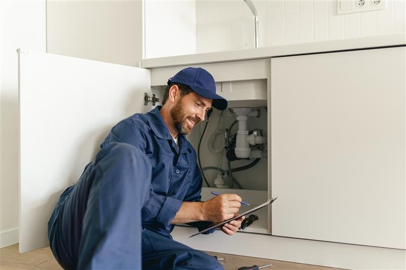 Residential plumber reviewing plumbing repairs in a Davenport kitchen