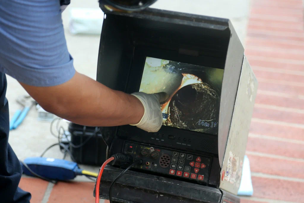 Technician viewing a drain inspection camera in Davenport