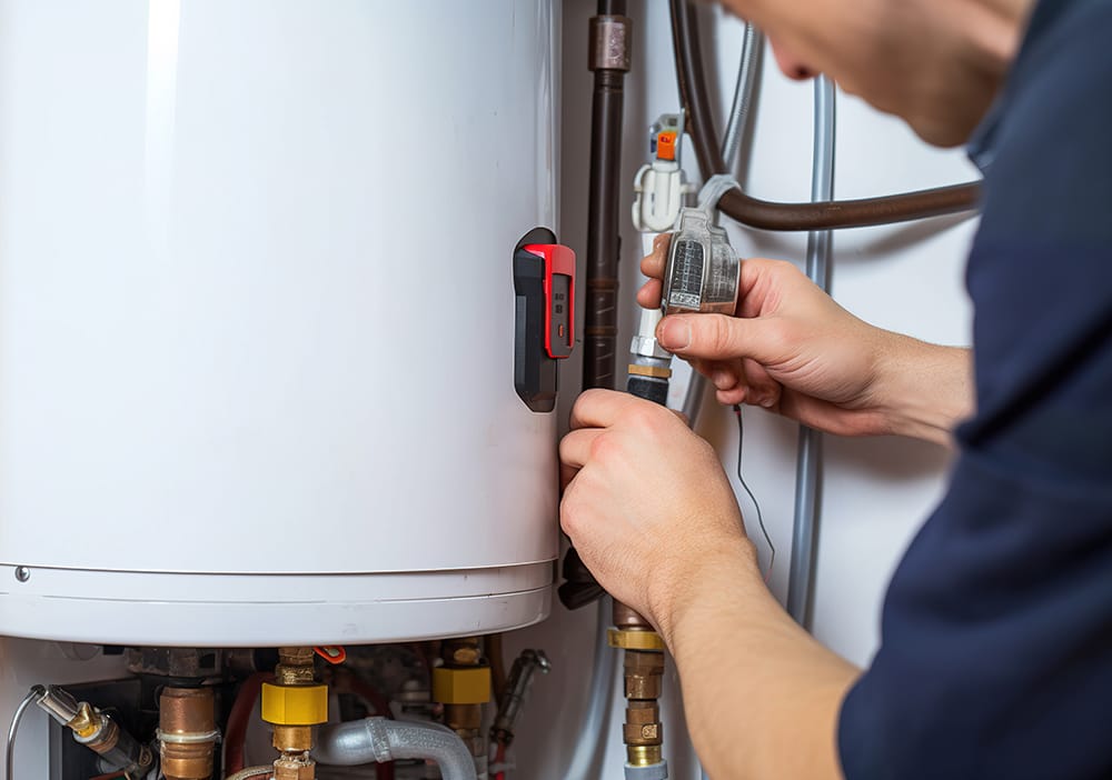 Technician repairing pipes connected to a water heater in Davenport